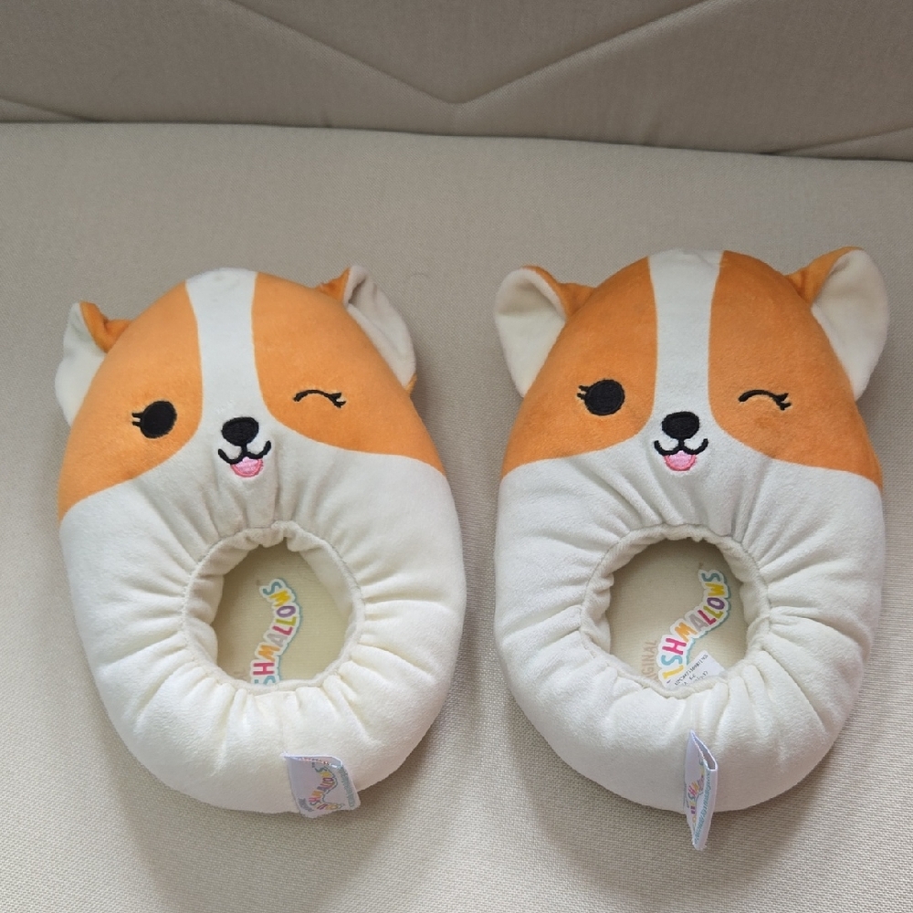 Squishmallows Girls Orange and White Corgi Slippers